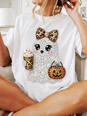 Plus Size Women Halloween Ghost Pumpkin Bow Jack O Lantern Print Crew Neck Short Sleeve Tee