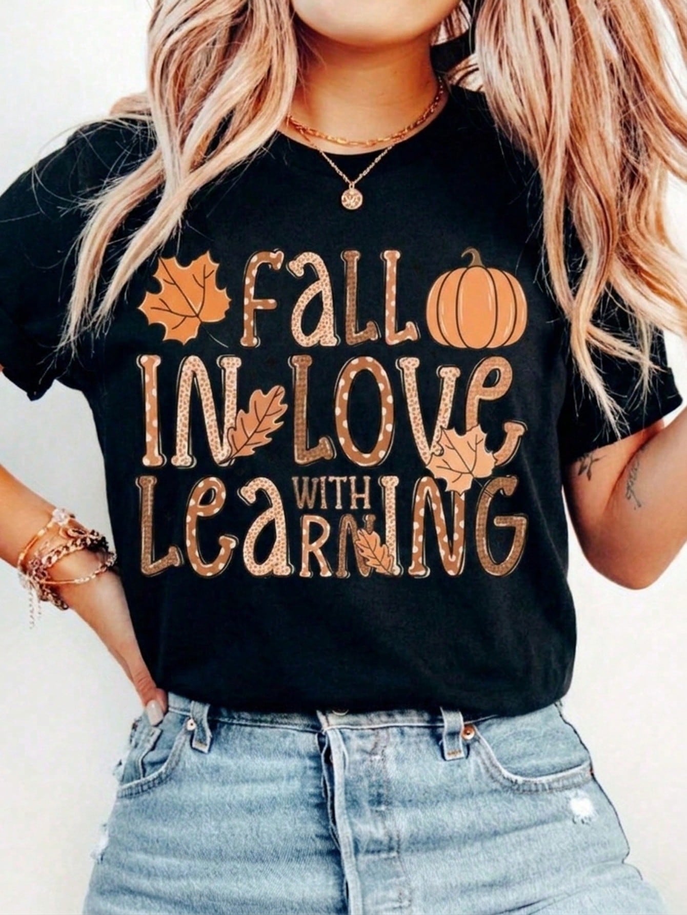 Fall In Love With Learning T-Shirt, Fall Maple Leaf Pumpkin Graphic Tee, Teacher Autumn Casual Top, Thanksgiving Fall Season Gift