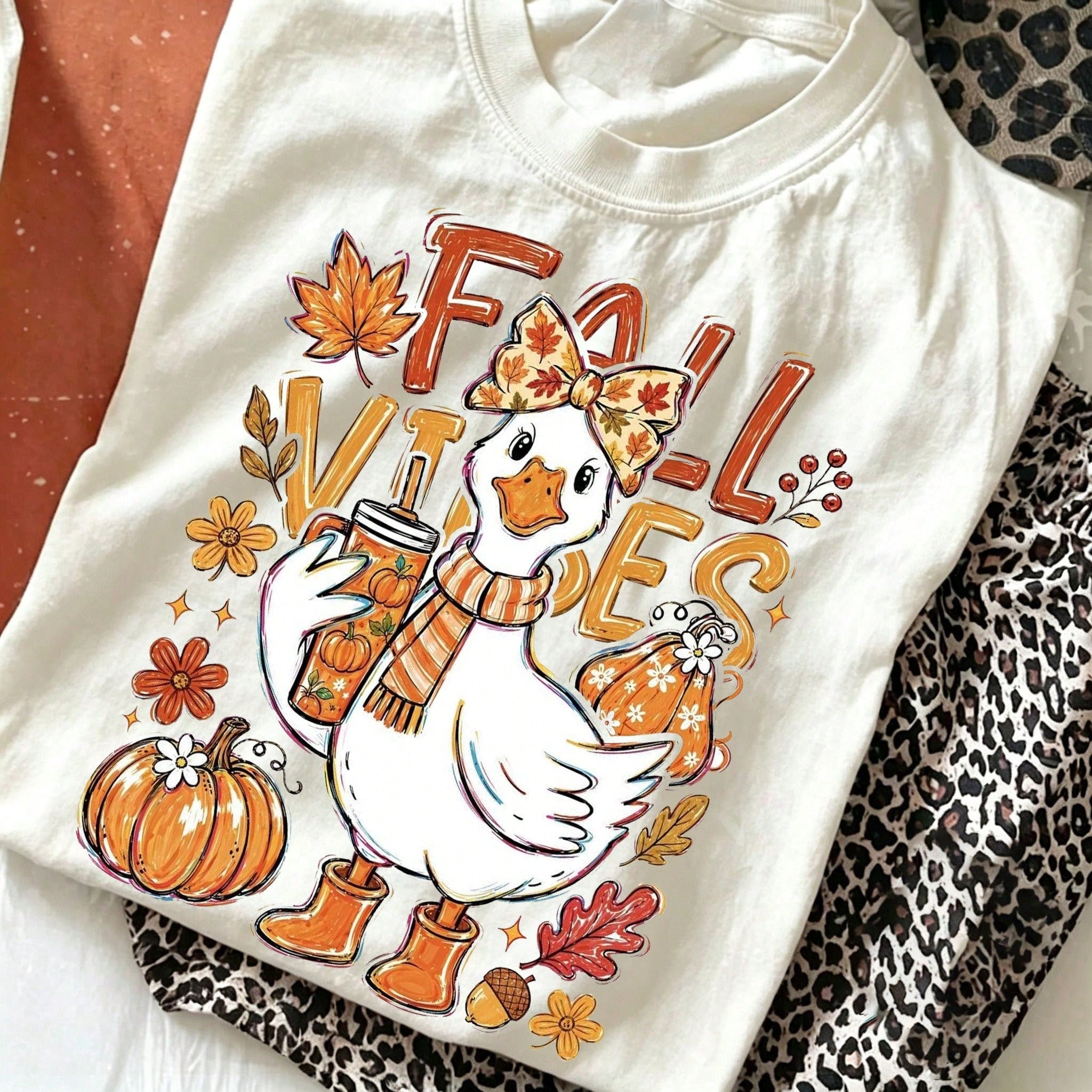 Women Fall Vibes Cute Duck Pumpkin Coffee Leaf Bow Graphic Short Sleeve T-Shirt Thanksgiving Fall Tops