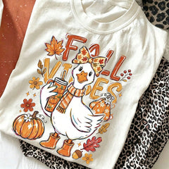 Women Fall Vibes Cute Duck Pumpkin Coffee Leaf Bow Graphic Short Sleeve T-Shirt Thanksgiving Fall Tops