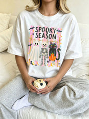 Spooky Season Cute Ghost Skeleton Black Cat Graphic Tee Halloween Preppy Aesthetic Graphic Short Sleeve Fall Party Outfits