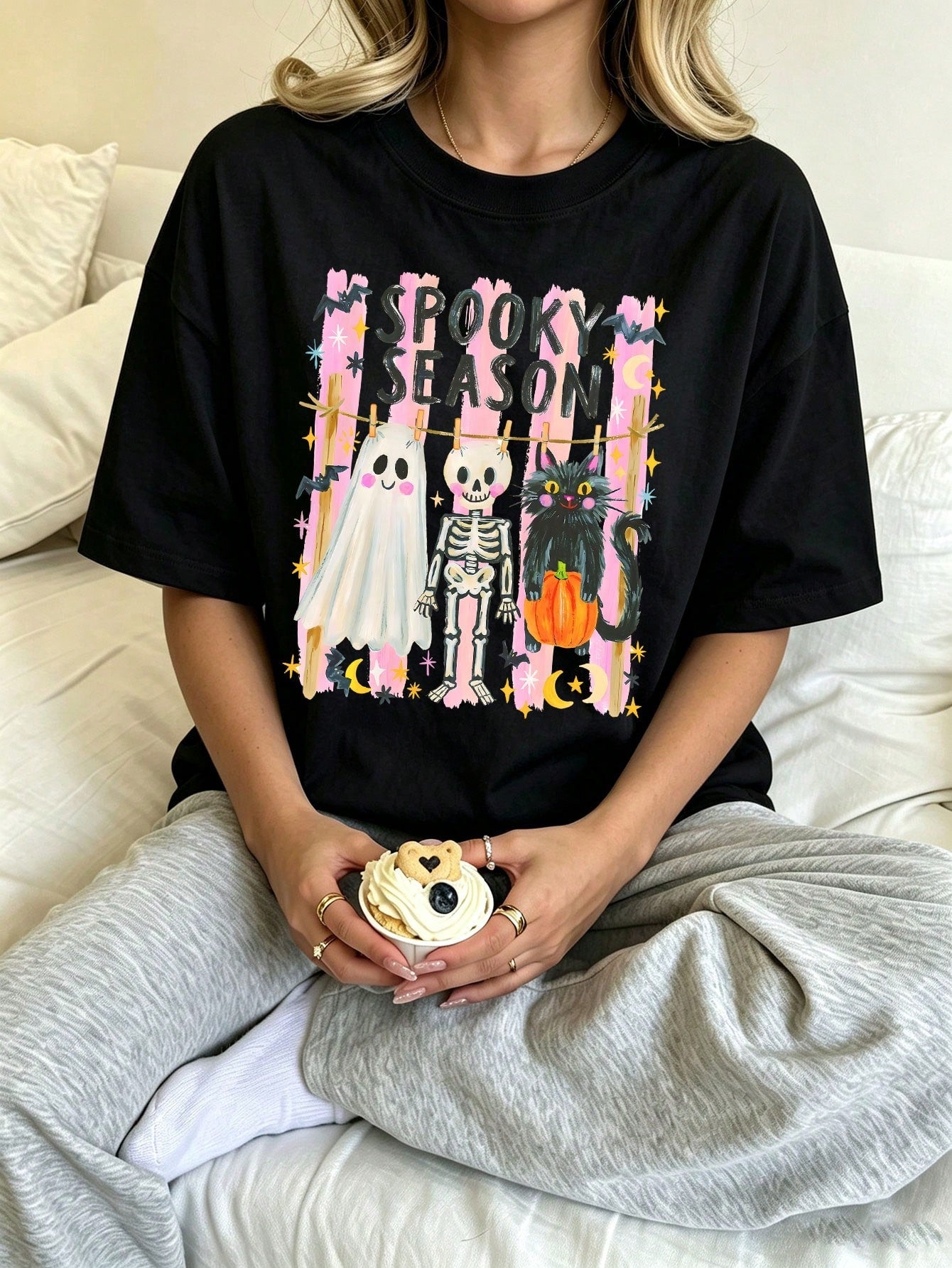Spooky Season Cute Ghost Skeleton Black Cat Graphic Tee Halloween Preppy Aesthetic Graphic Short Sleeve Fall Party Outfits