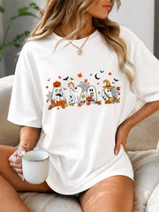 Halloween Ghost Pumpkin Cartoon Graphic Tees Women, Fall Maple Leaf Cute Print Black Top