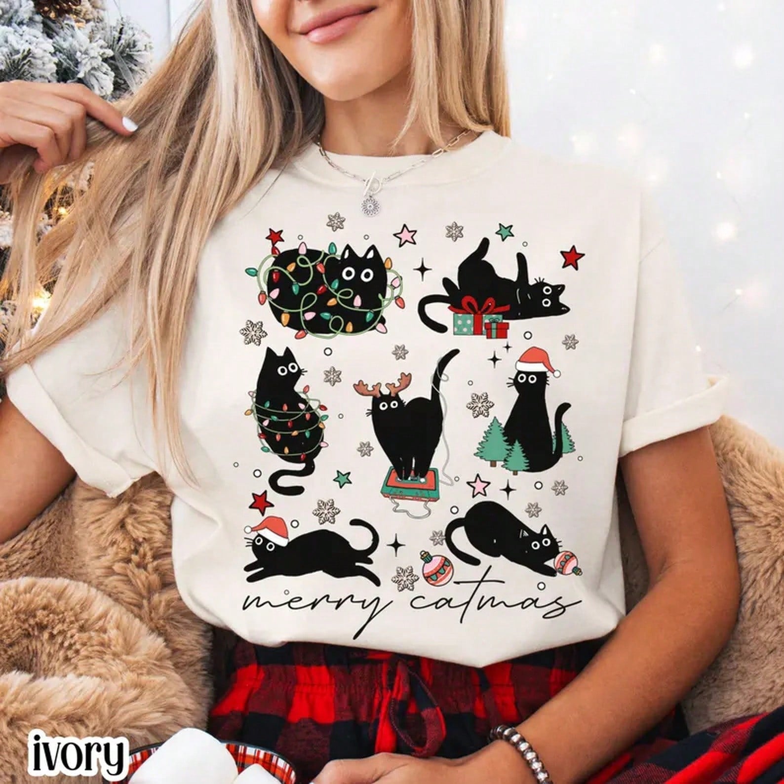 Unisex Merry Catmas Black Cat Christmas Graphic Tee Holiday Shirt Cute Xmas Outfit Casual Short Sleeve Top Fall Winter Clothes