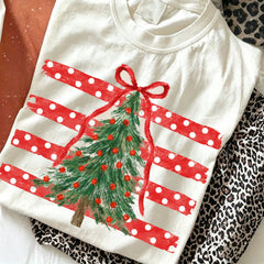 Coquette Christmas Red Bow Graphic Short Sleeve T-Shirt, Women's Daily Versatile Red & White Stripe Christmas Tree Casual Top For Holiday Outings & Pa