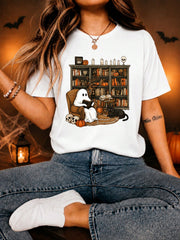 Women's Casual Ghost Reading Book Graphic Tee, Short Sleeve Round Neck Halloween Pumpkin Print Top