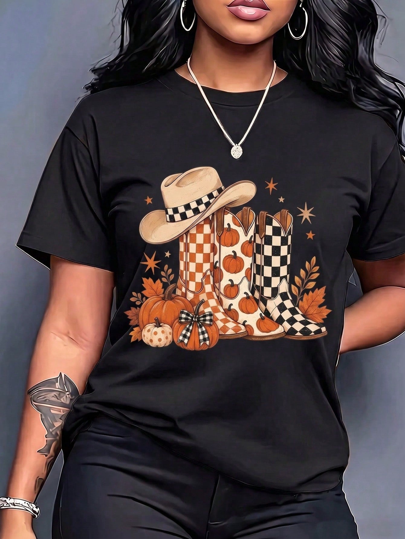 Women's Crew Neck Graphic T-Shirt, Fall Pumpkin Cowboy Boots Hat Maple Leaf Autumn Short Sleeve Casual Tee