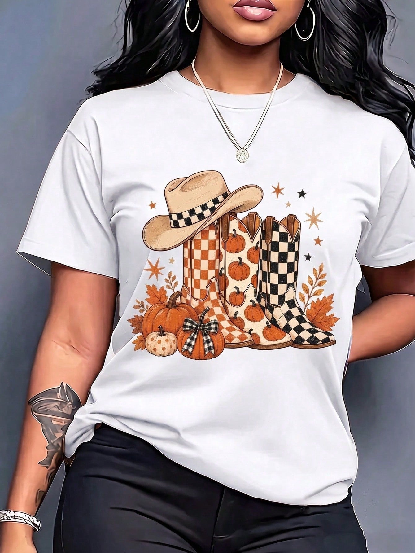 Women's Crew Neck Graphic T-Shirt, Fall Pumpkin Cowboy Boots Hat Maple Leaf Autumn Short Sleeve Casual Tee