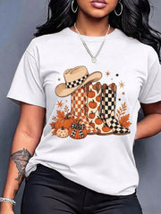 Women's Crew Neck Graphic T-Shirt, Fall Pumpkin Cowboy Boots Hat Maple Leaf Autumn Short Sleeve Casual Tee