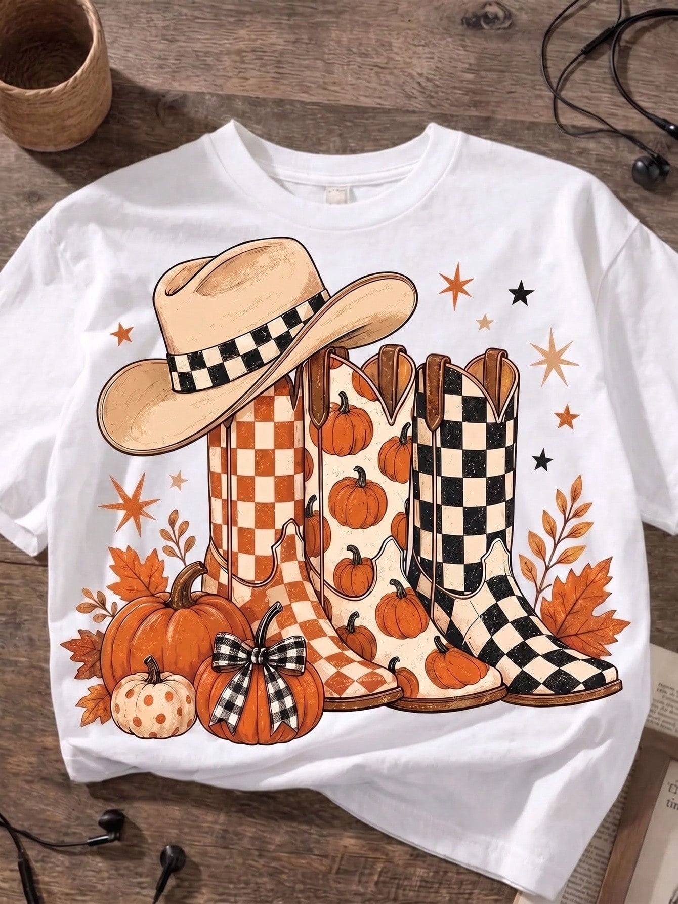 Women's Crew Neck Graphic T-Shirt, Fall Pumpkin Cowboy Boots Hat Maple Leaf Autumn Short Sleeve Casual Tee