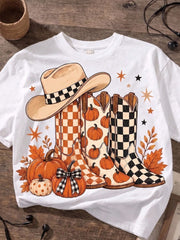 Women's Crew Neck Graphic T-Shirt, Fall Pumpkin Cowboy Boots Hat Maple Leaf Autumn Short Sleeve Casual Tee