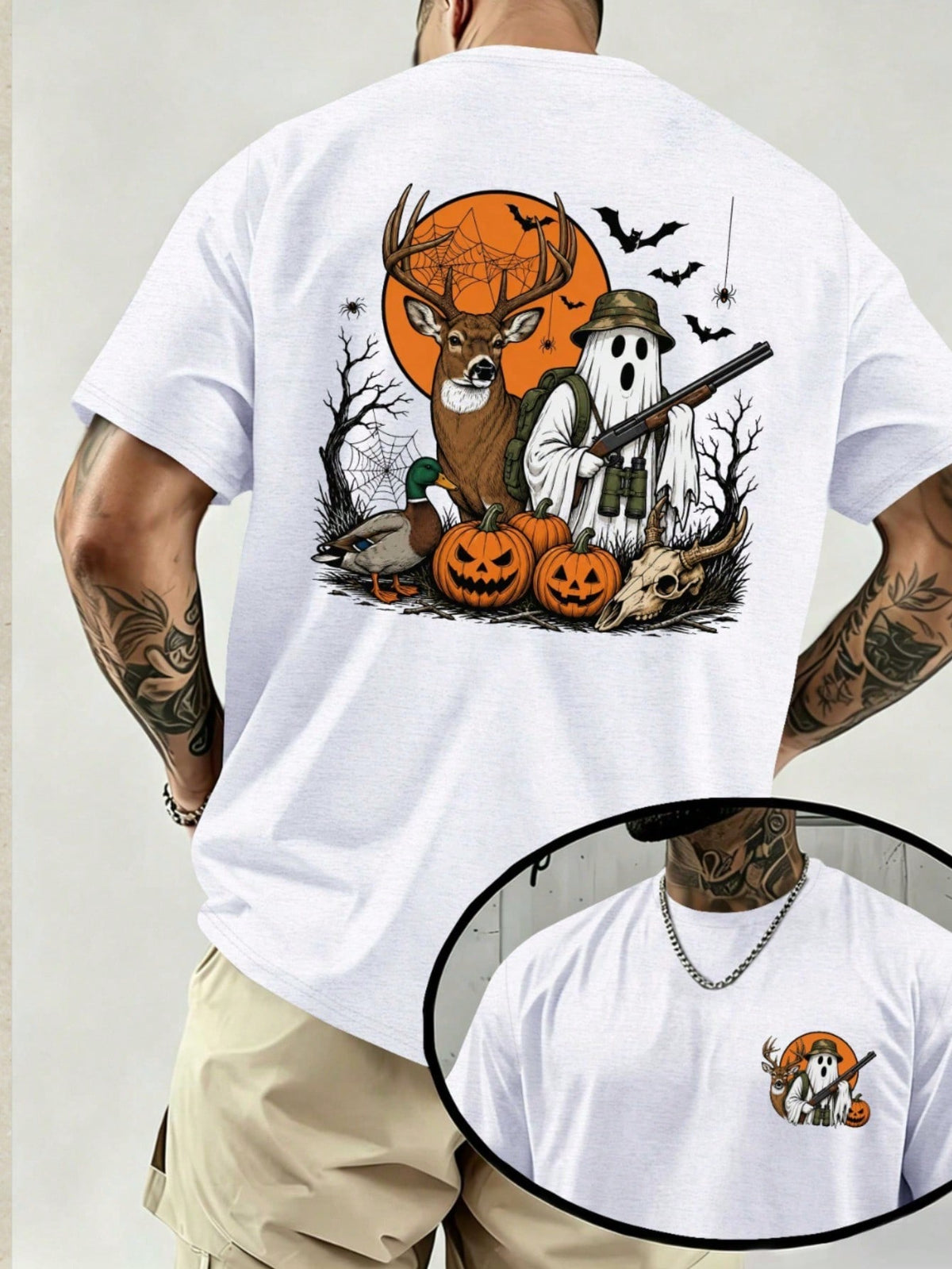 Funny Halloween Ghost Hunter Deer Pumpkin Graphic Tee Cotton Short Sleeve Retro Horror Hunting Shirt Fall Festival Party Top Trending Gift
