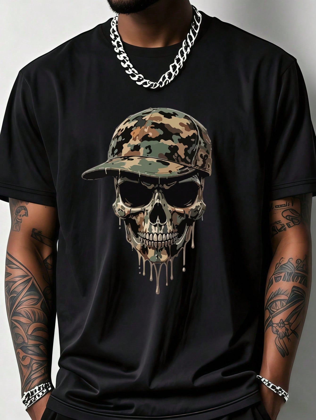 Men's 100% Cotton Casual Streetwear Camouflage Dripping Skull Skeleton Baseball Cap Graphic Print Tee
