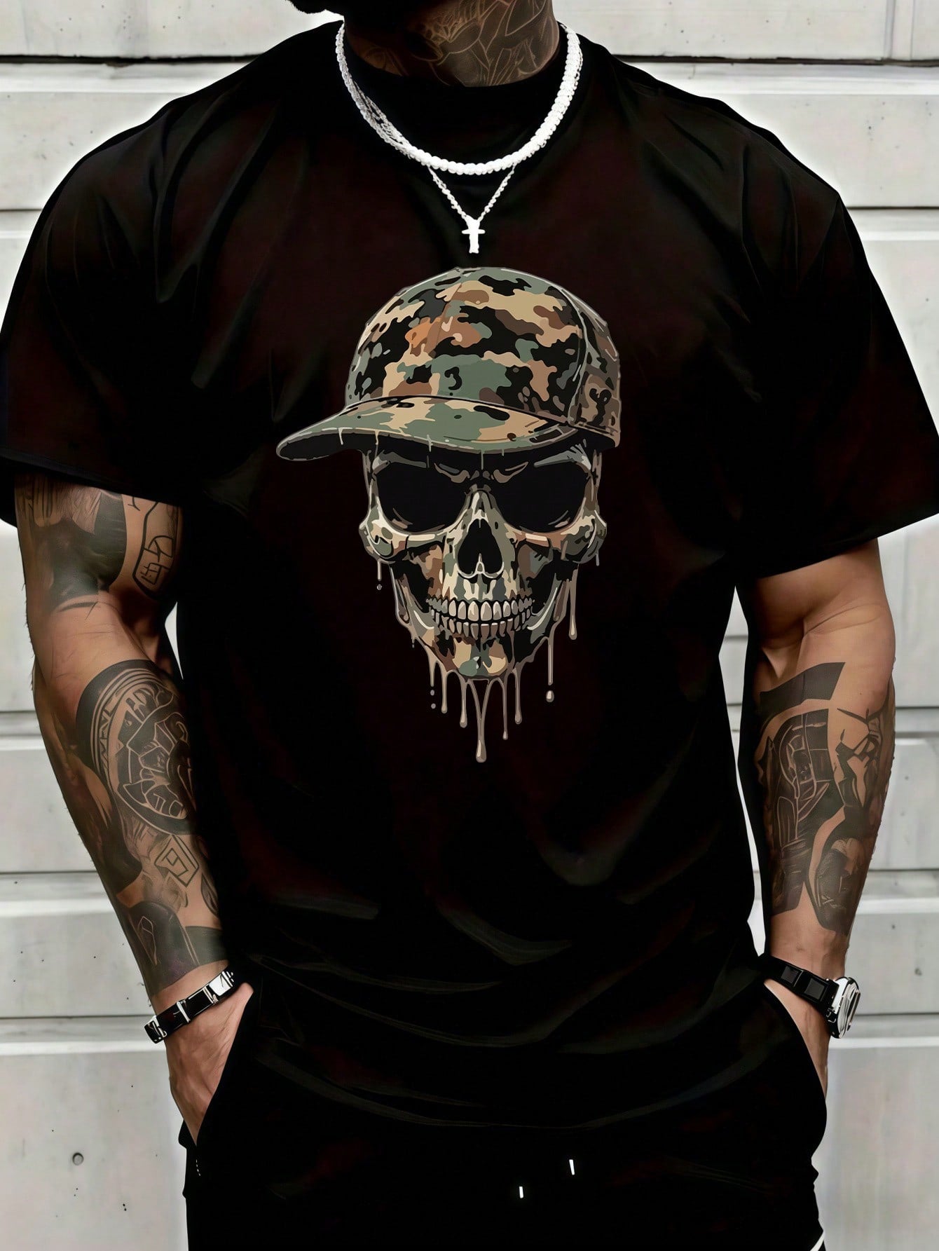 Men's 100% Cotton Casual Streetwear Camouflage Dripping Skull Skeleton Baseball Cap Graphic Print Tee
