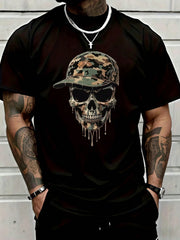 Men's 100% Cotton Casual Streetwear Camouflage Dripping Skull Skeleton Baseball Cap Graphic Print Tee