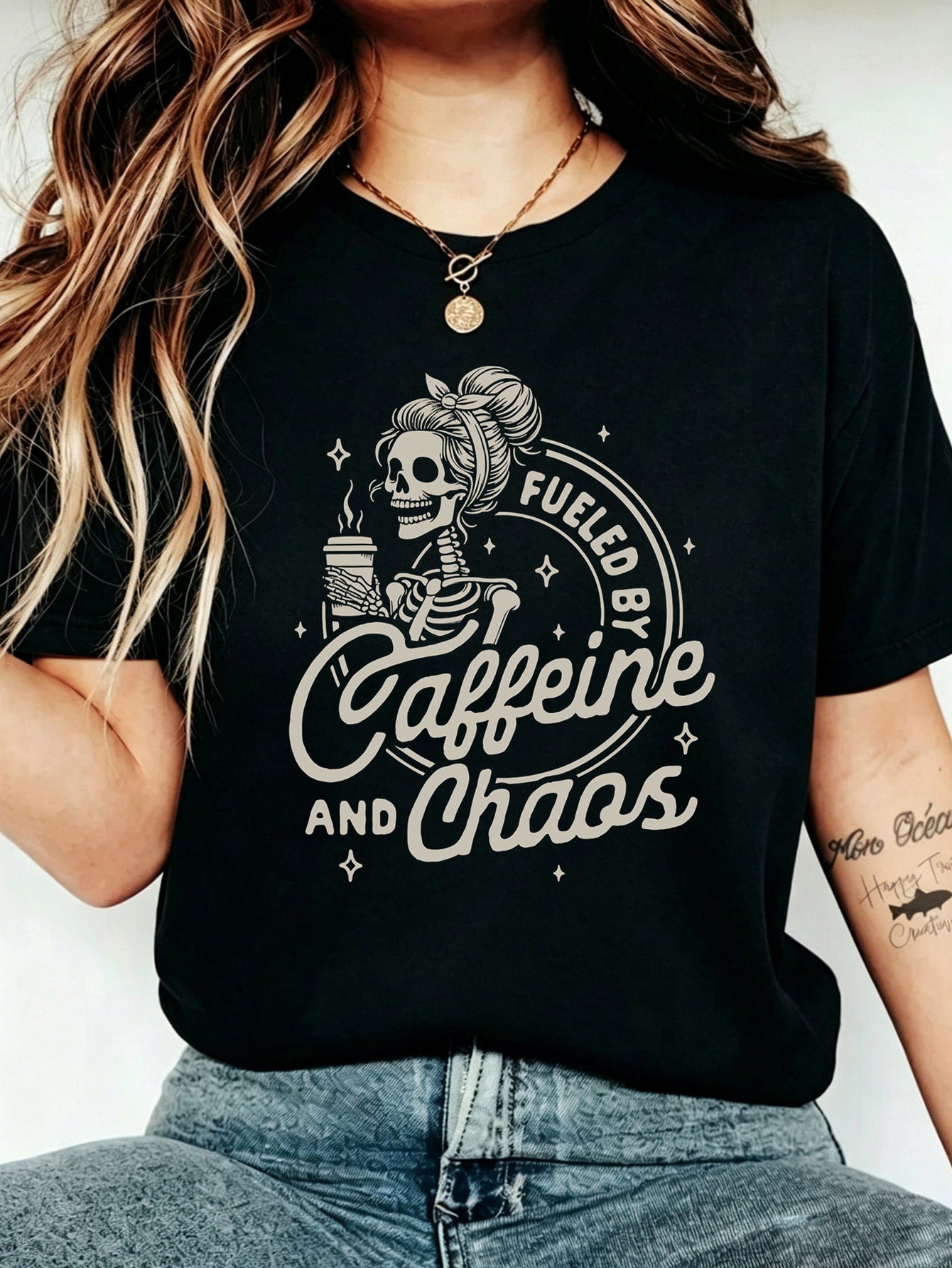 Skeleton Drinking Coffee Graphic Letter Slogan Crew Neck Short Sleeve Plus Size T-Shirt
