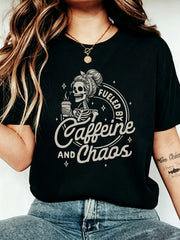 Skeleton Drinking Coffee Graphic Letter Slogan Crew Neck Short Sleeve Plus Size T-Shirt