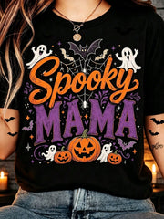 Preppy Coquette Halloween Mama Bow Pumpkin Print Unisex Short Sleeve Cotton T‑Shirt, Cozy Fall Casual Gift For Her Top