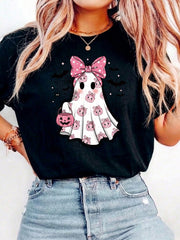 Cute Lace Ghost, Playful Halloween Pink Bow Ghost Girl Pumpkin Ghost Pattern T-Shirt