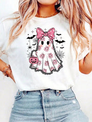 Cute Lace Ghost, Playful Halloween Pink Bow Ghost Girl Pumpkin Ghost Pattern T-Shirt