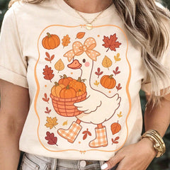 Cute Autumn Goose-Themed Graphic – Women's Crew-Neck T-Shirt (Back-To-School Style)