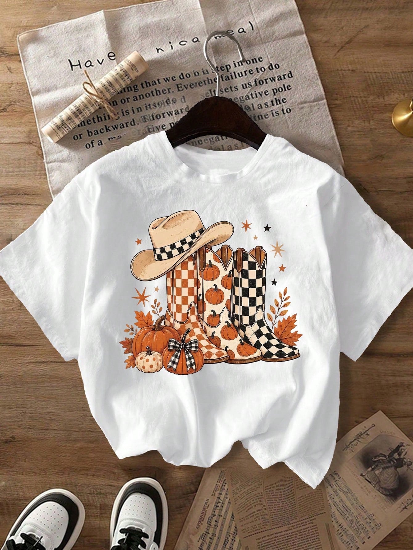 Women's Crew Neck Graphic T-Shirt, Fall Pumpkin Cowboy Boots Hat Maple Leaf Autumn Short Sleeve Casual Tee