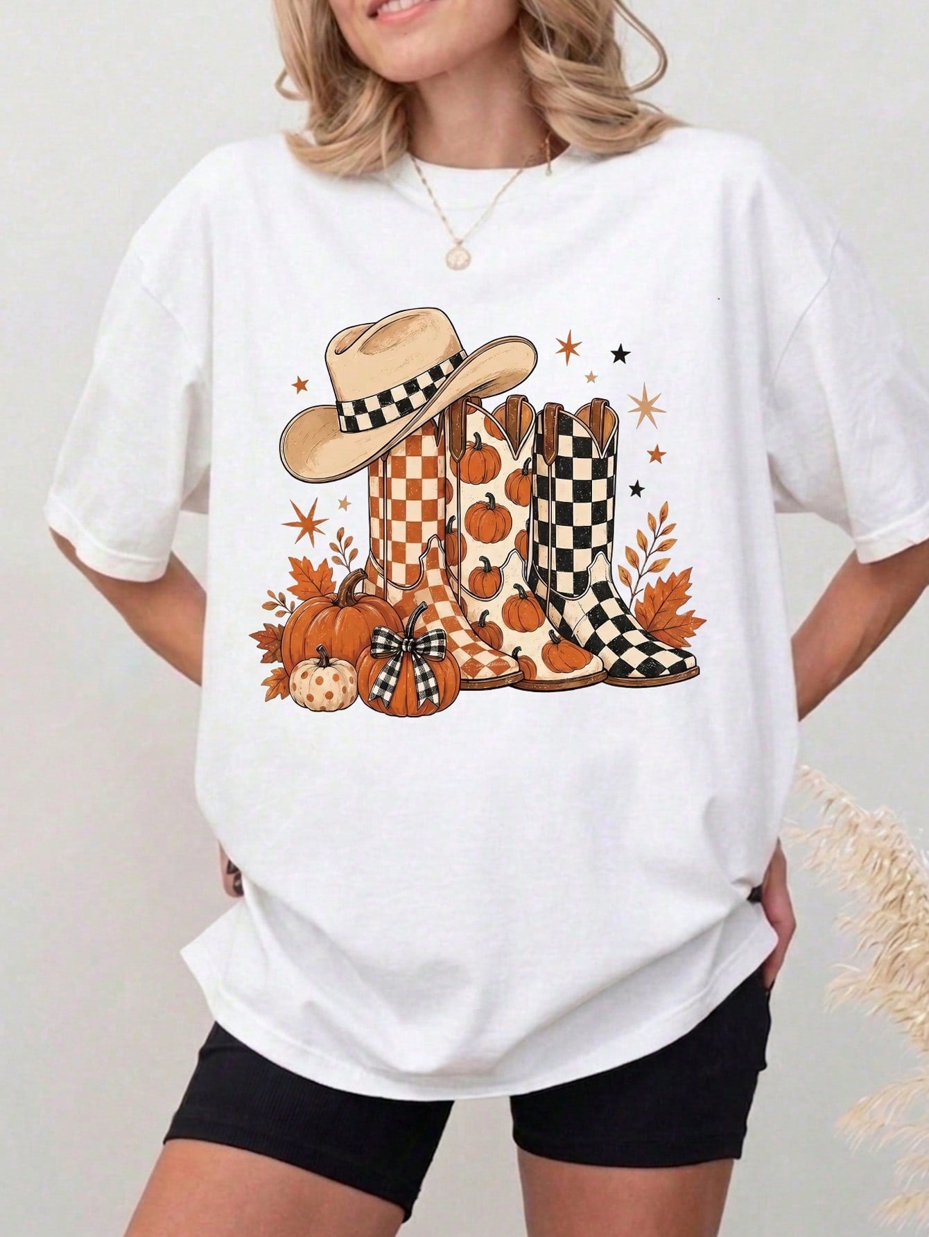 Women's Crew Neck Graphic T-Shirt, Fall Pumpkin Cowboy Boots Hat Maple Leaf Autumn Short Sleeve Casual Tee