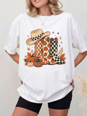 Women's Crew Neck Graphic T-Shirt, Fall Pumpkin Cowboy Boots Hat Maple Leaf Autumn Short Sleeve Casual Tee