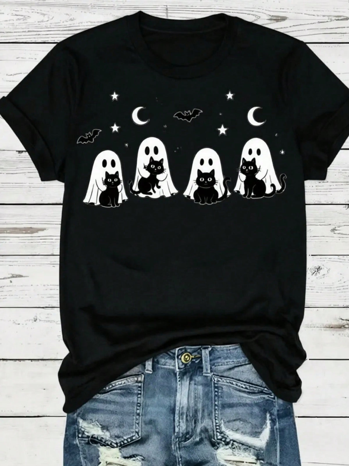 Women Fall Y2k Halloween Ghost Black Cat Graphic Tees Oversized