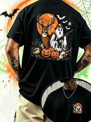 Funny Halloween Ghost Hunter Deer Pumpkin Graphic Tee Cotton Short Sleeve Retro Horror Hunting Shirt Fall Festival Party Top Trending Gift