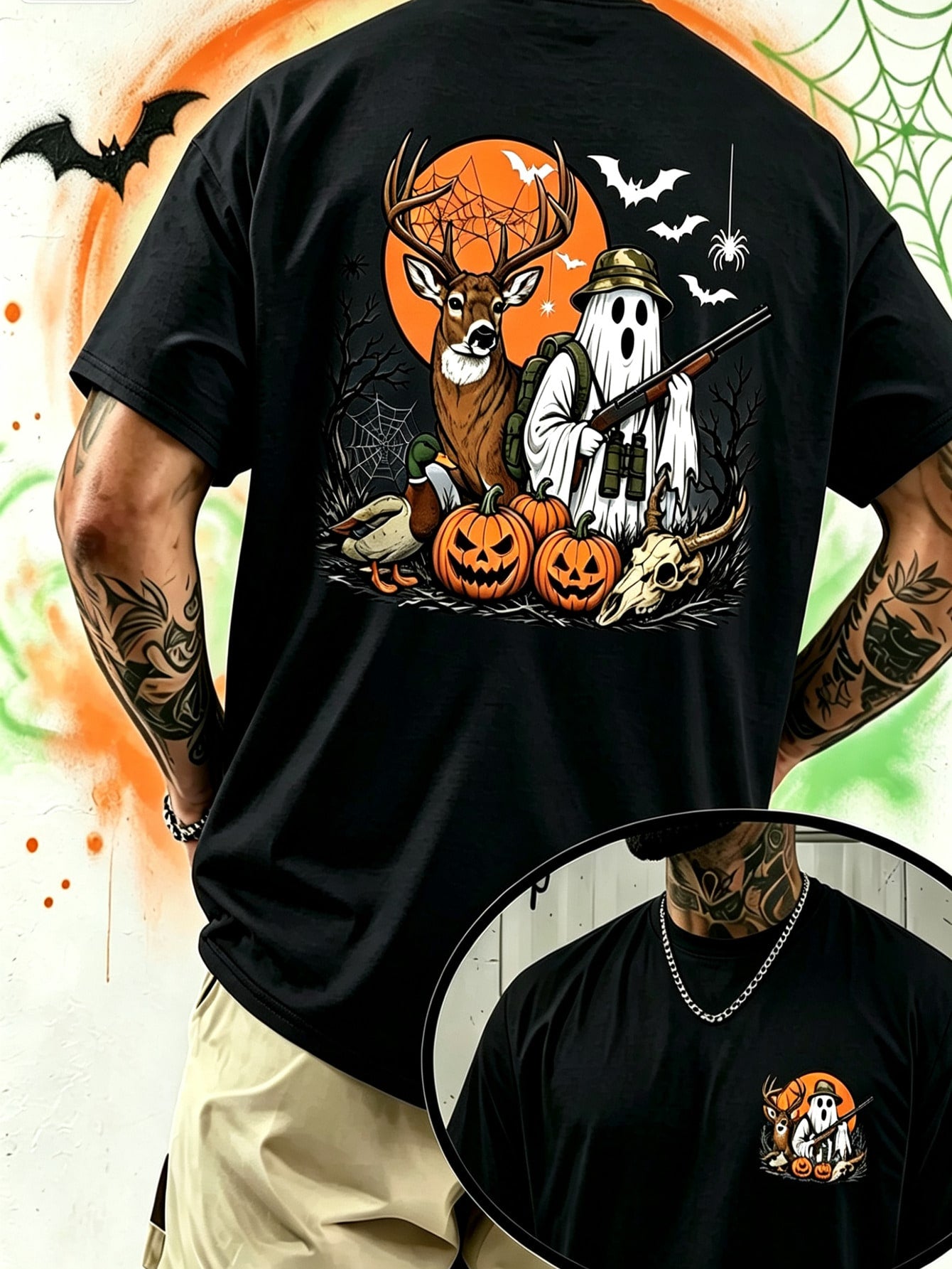 Funny Halloween Ghost Hunter Deer Pumpkin Graphic Tee Cotton Short Sleeve Retro Horror Hunting Shirt Fall Festival Party Top Trending Gift