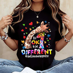 Giraffe Puzzle Piece Heart Graphic Tee | Autism Awareness T-Shirt | Proud To Be Different Casual Top for Women