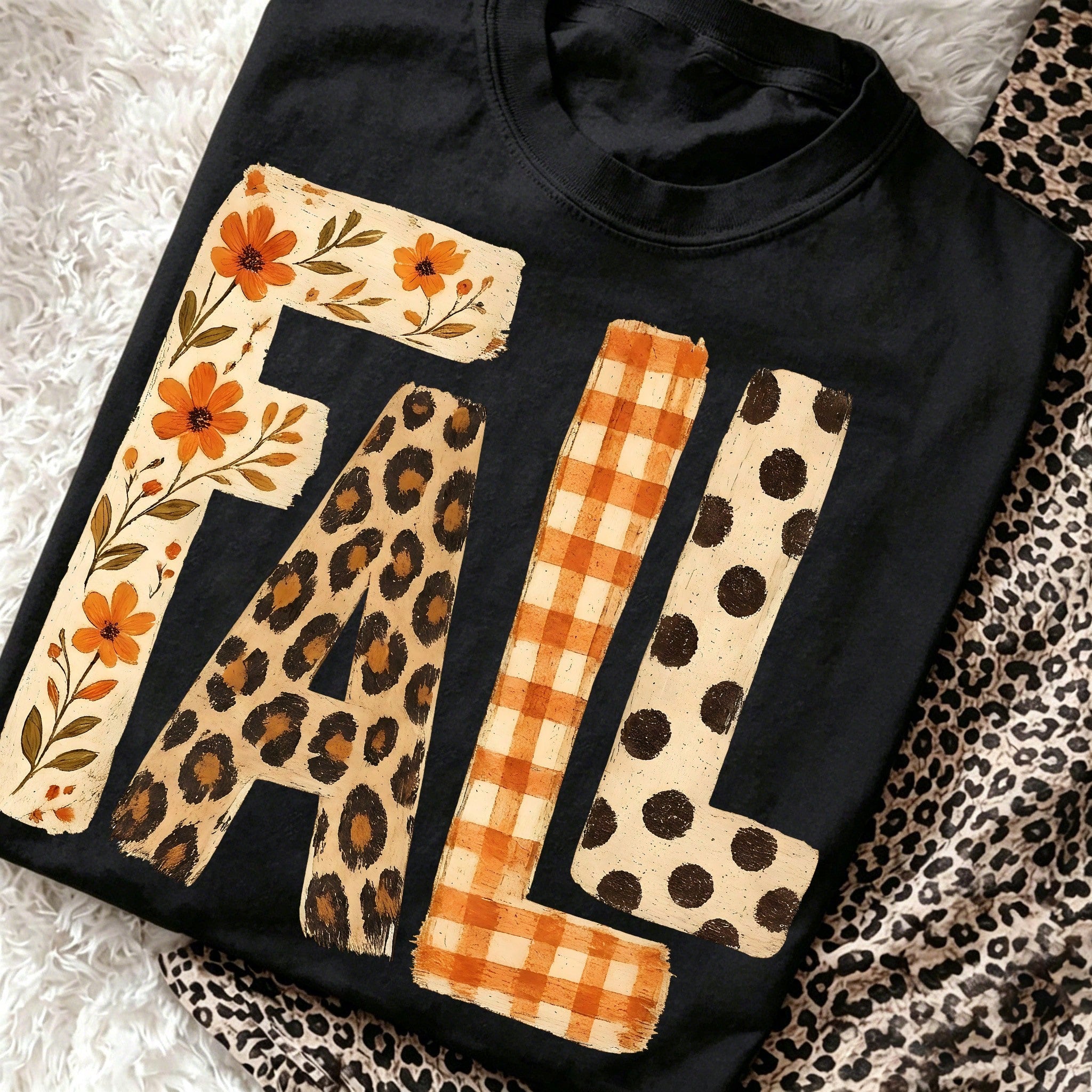 Fall Tops, Fall Letter Floral Leopard Plaid Polka Dot Graphic Tee, Beach Outfit For Woman, Vacation Outfit Women Casual Retro Short Sleeve Shirt