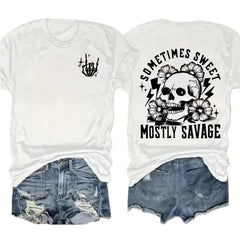 Women's Casual Fit Skull Print Round Neck T-Shirt Summer Tee Ladies Top
