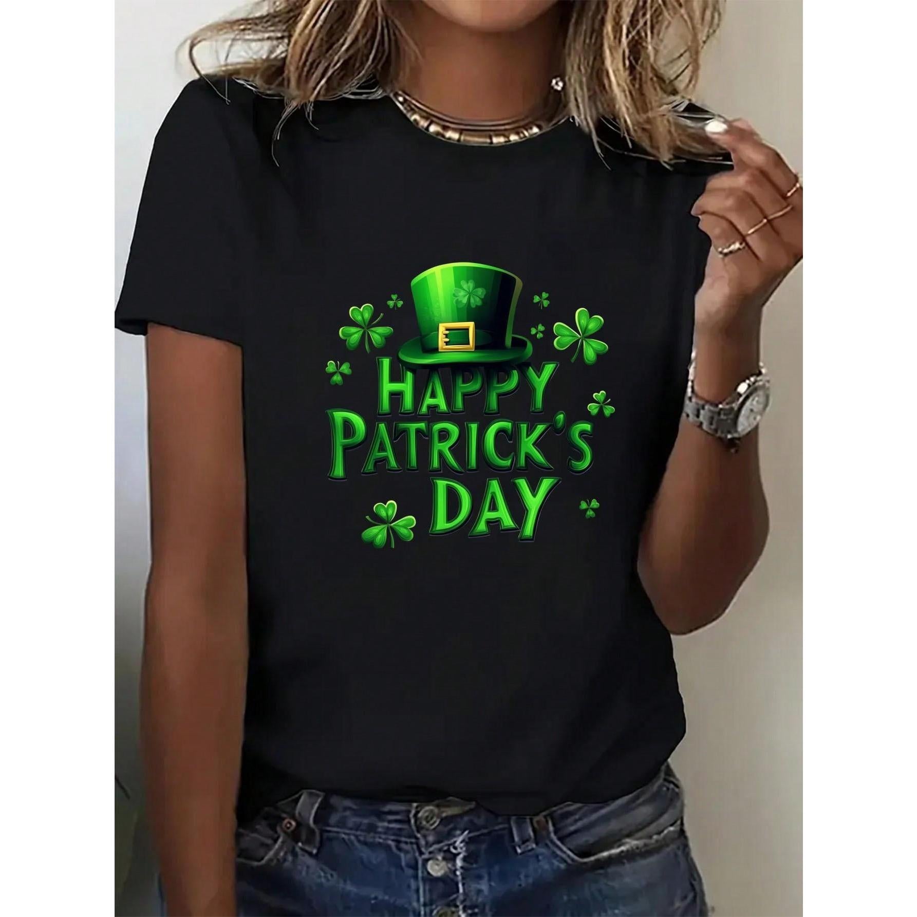 St. Patrick's Day Print Crew Neck T-Shirt - Fashionable Graphic Print T-Shirt For Women - Casual Short Sleeve Crew Neck Top - Lightweight & Breathable For All Seasons Wardrobe, Polyester