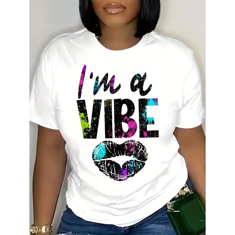 [Trendy, I'm A Vibe Graphic Tee] Trendy Casual Tee | I'm A Vibe Graphic Tee - Women's Short Sleeve Crew Neck T-Shirt with Vibrant Lip Print, Comfy Blend for Casual Attire & Stylish Outfits, Autumn Apparel | Comfortable Fit