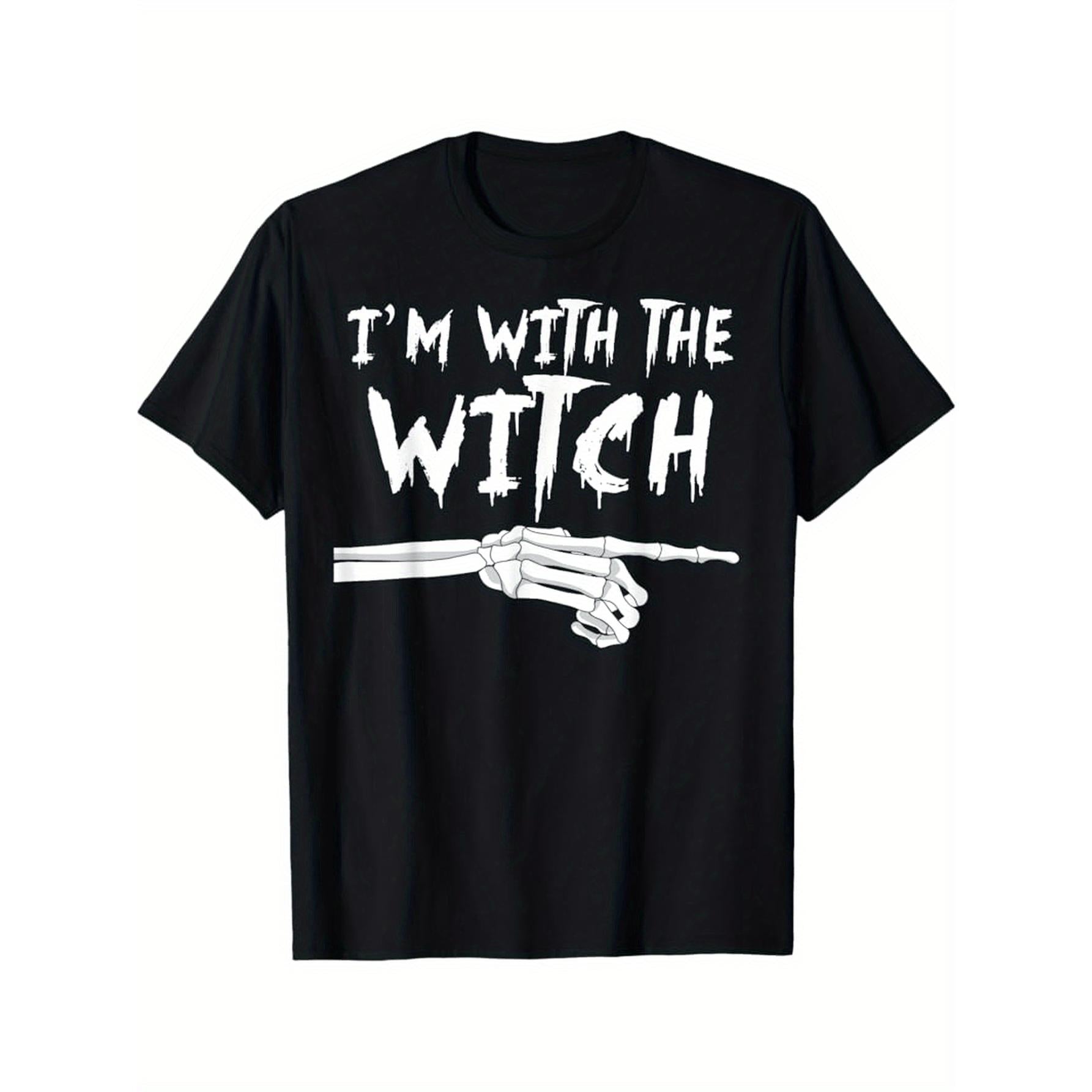 Men's & Women's Funny "I'm with The Witch" Gothic Halloween T-Shirt - Wicked Witch & Bats Design with Witches' Hat & Broomstick Print, Casual Round Neck Short Sleeve Tee