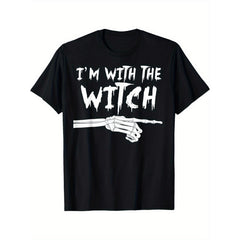 Men's & Women's Funny "I'm with The Witch" Gothic Halloween T-Shirt - Wicked Witch & Bats Design with Witches' Hat & Broomstick Print, Casual Round Neck Short Sleeve Tee