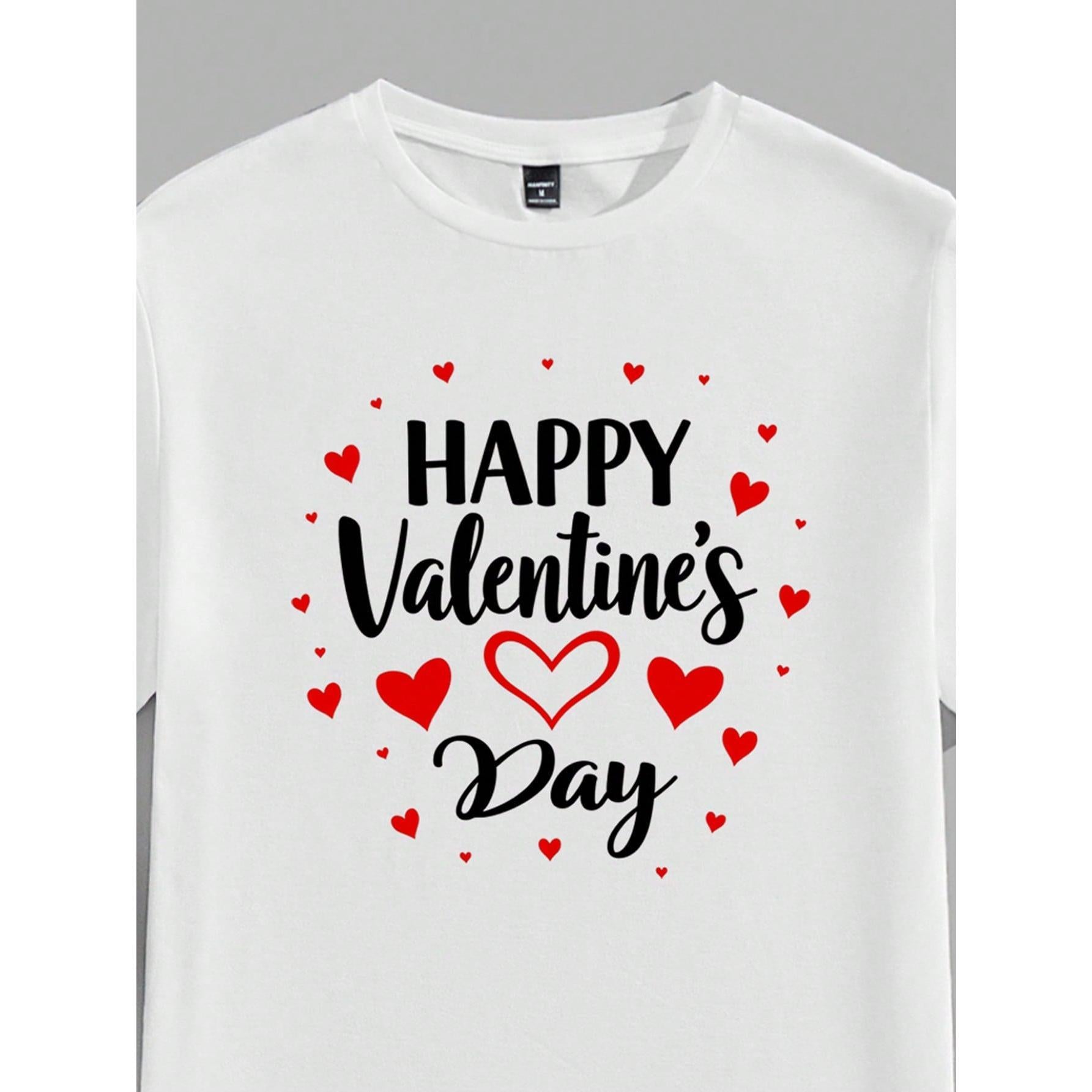 Homme Valentine's Day Heart Font Casual Print Men's Standard White Crew Neck Short Sleeve T-Shirt, Essential For Dates And Gatherings, Suitable As Gift For Boyfriend