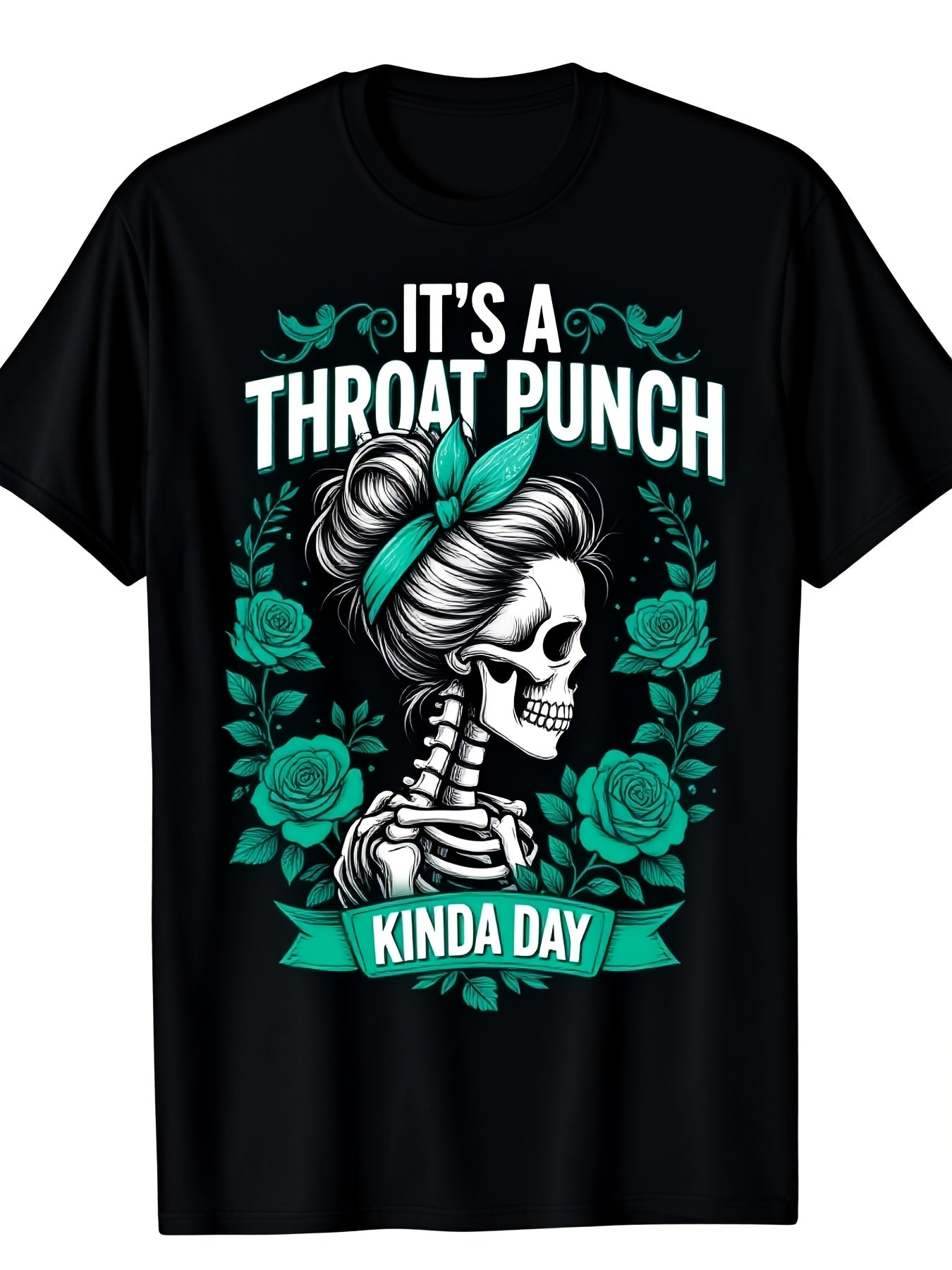 Men's Graphic TShirt A Day for Throat Punches Featuring a Black Edgy Skeleton Adorned with Floral Roses And Teal Highlights This Regular Fit Short Sleeve Casual Summer Tee