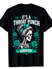Men's Graphic TShirt A Day for Throat Punches Featuring a Black Edgy Skeleton Adorned with Floral Roses And Teal Highlights This Regular Fit Short Sleeve Casual Summer Tee