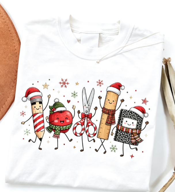 Women’s Cute Christmas Teacher Graphic T‑Shirt, Festive Classroom Holiday Crew Neck Short‑Sleeve Casual Tee with School Character Print