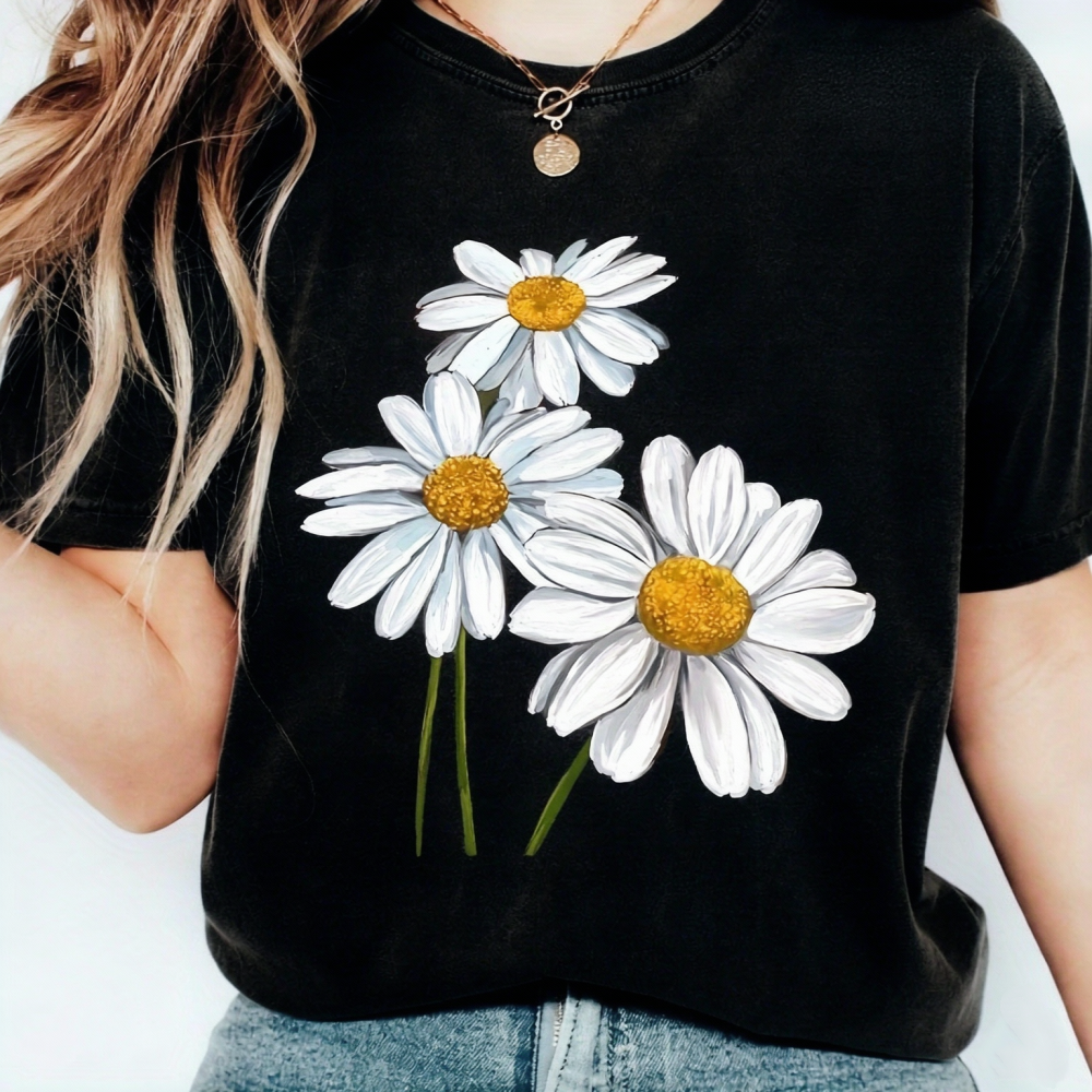 Women's Watercolor Daisy Floral Wildflower Short Sleeve Casual Tee