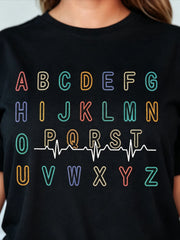 Nurse PQRST ABC EKG Strip Alphabet Print Cotton Short Sleeve Tee Crew Neck Top