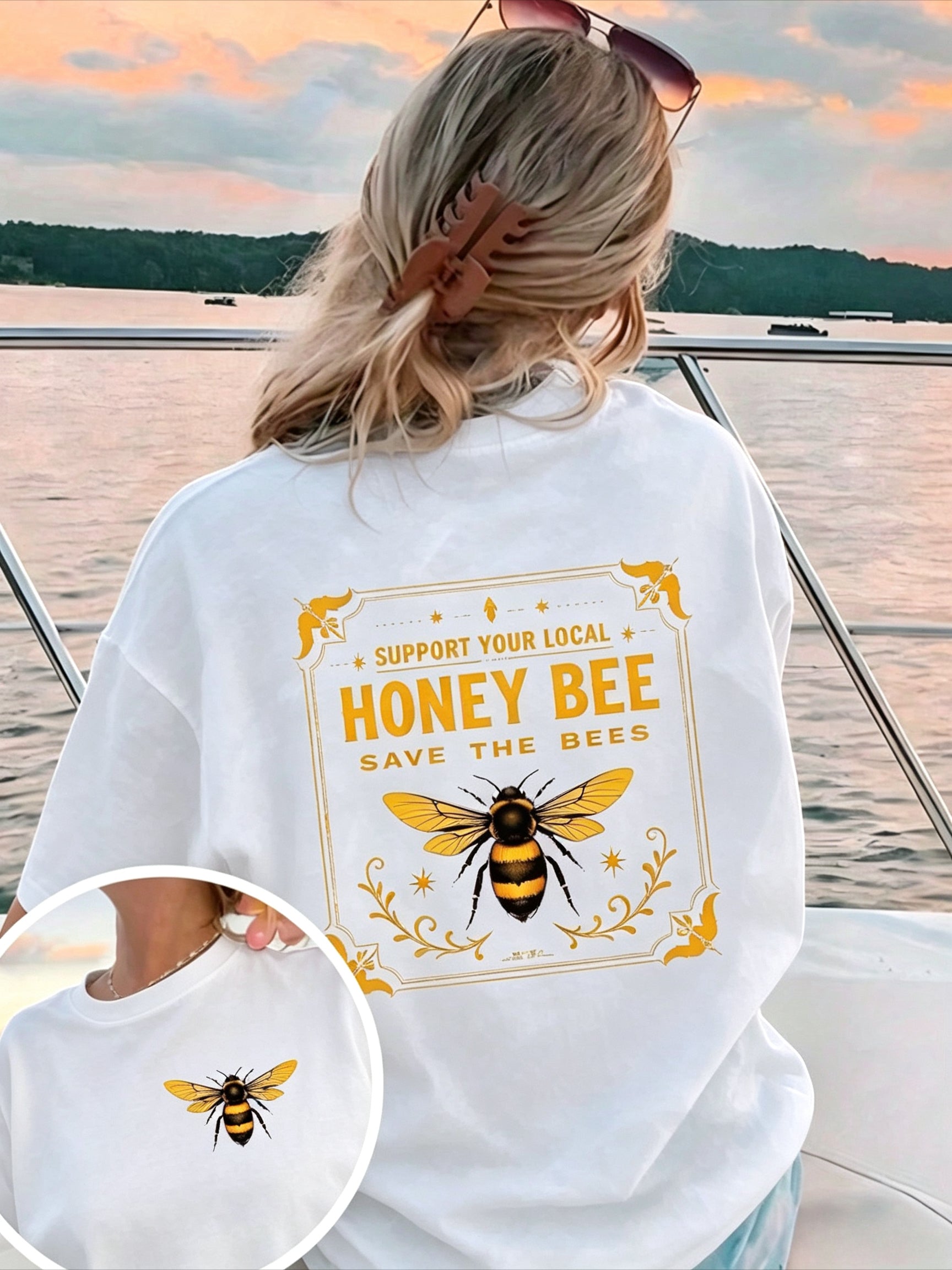 Support Local Bees Double Sided Print Short Sleeve Tee Bee Graphic Top