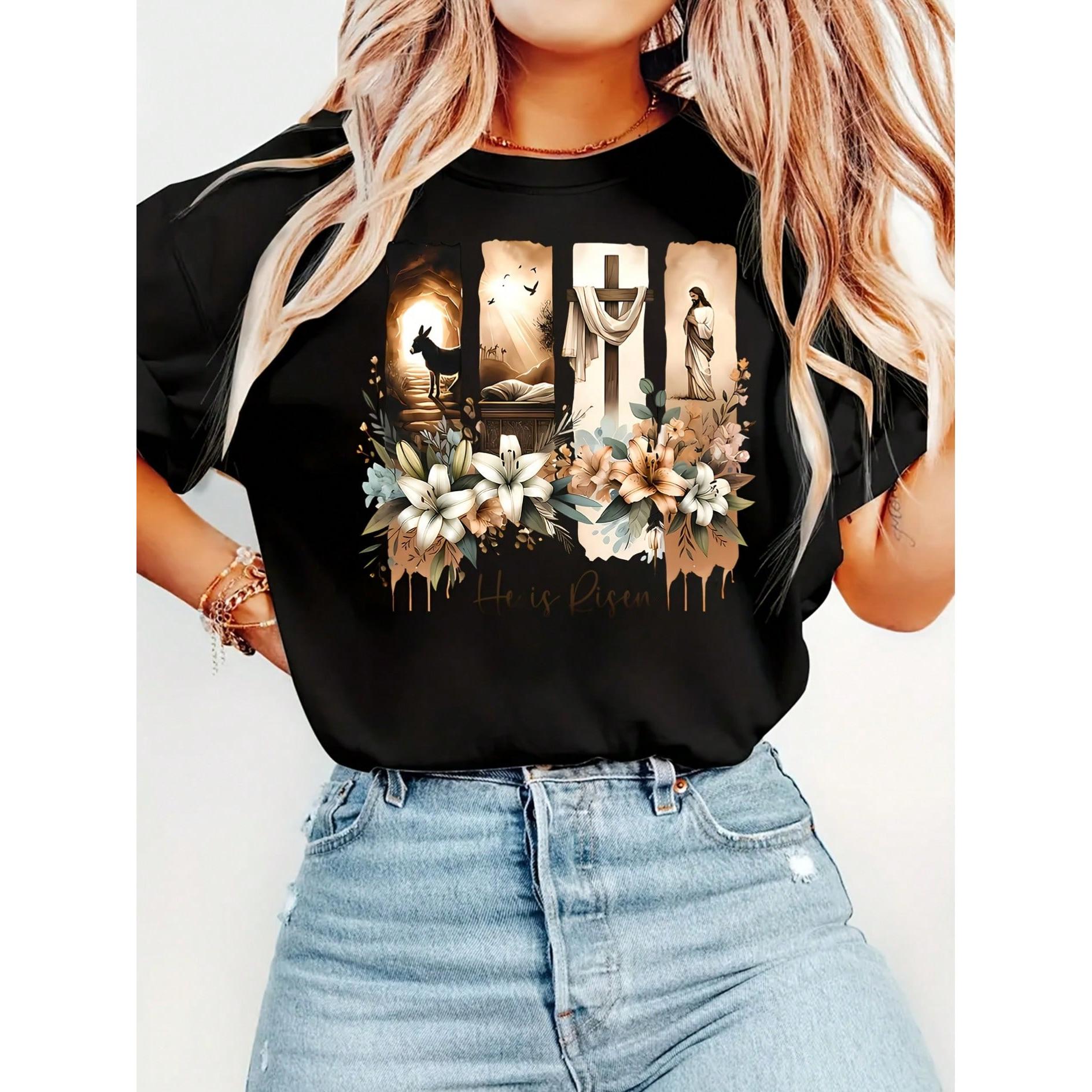 Easter Religious Theme T-Shirt | Women‘s Spring Summer Casual Tee | Cross Printed Round Neck Short Sleeve | Soft Breathable Cotton Top | Easter Gift