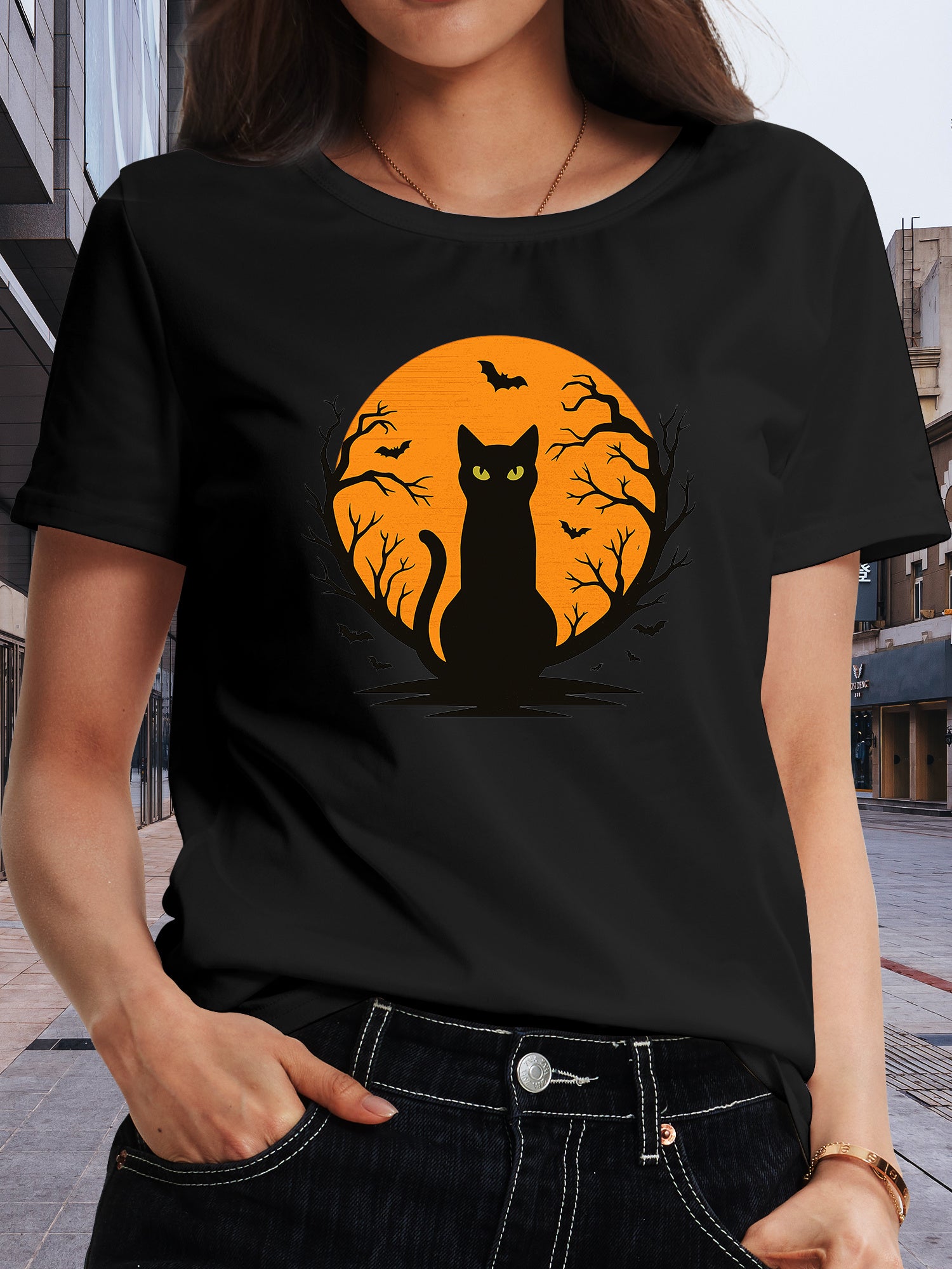 Halloween Black Cat T-Shirt, Orange Moon Bats Graphic Tee