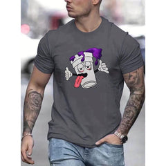 Men's Funny Cartoon Graphic Print T-shirt, Trendy Round Neck Tee for Summer