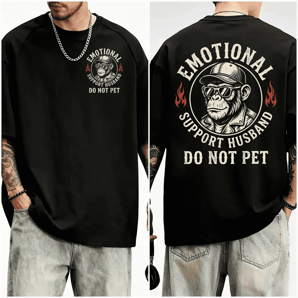 2-Sided Monkey Vintage Emotional Support Husband Saying Men T-Shirt