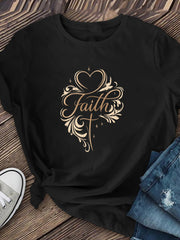 Faith T-Shirt Women Elegant Cross Heart Floral Christian Tee